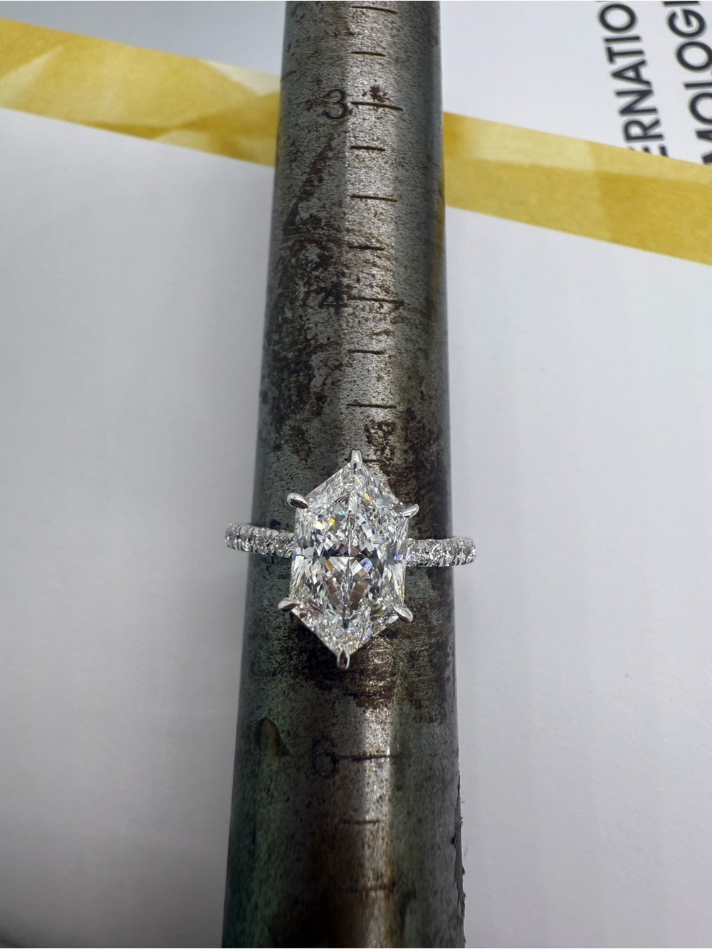 2.05 carat D VVS2 Dutch marquise cut lab diamond on a pave band engagement ring